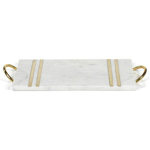 Plateau de service avec poignées, fournitures pour restaurants et hôtels, forme ronde, qualité supérieure, marbre blanc et métal plaqué or - Product Image 5