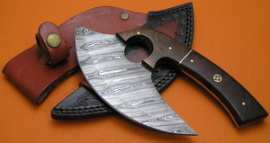 Coupeur à pizza Ulu en acier damas fait à la main personnalisé manche en bois de rose avec gaine en cuir Coupeur à pizza Ulu du chef en acier damas - Product Image 5