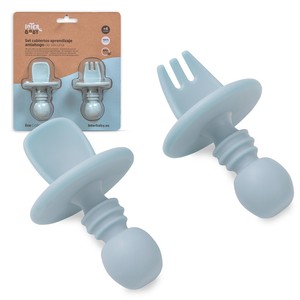 Ensemble de couverts d'apprentissage anti-étouffement en silicone bleu-gris, vaisselle et ustensiles - Product Image 1