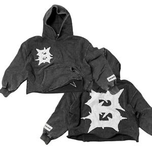 Sudaderas con capucha vintage con apliques hechas en China Sudadera con capucha de algodón de alta calidad logotipo personalizado peso pesado lavado negro sudaderas con capucha de gran tamaño - Product Image 1