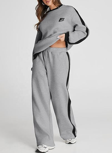 Conjunto de sudadera con cuello redondo para mujer, jersey de manga larga con rayas en contraste y pantalones de pierna ancha, conjunto informal de dos piezas a juego - Product Image 2