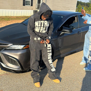 Rhinestone ácido lavado Zip Up Sudadera con capucha y Joggers Distressed Black Zip Up Conjunto completo Sudadera con capucha y Joggers Conjunto de pantalones de chándal - Product Image 4