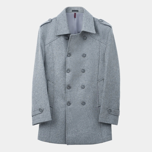 Abrigo Largo de Lana 100% Personalizado para Hombre, de Alta Calidad con Ribete de Piel de Zorro Real, Cuello Camisero, Botones Delanteros, Gris y Carbón - Product Image 1