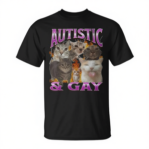 T-shirt promozionale con grafica bootleg di meme di gatti autistici e gay, con design unico - Product Image 2