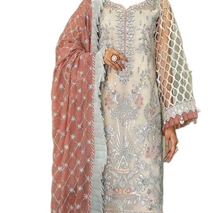2022 Collection d'été indien pakistanais dernier filet en mousseline de soie brodé lourd Salwar Kameez robe de vente chaude avec costume - Product Image 1