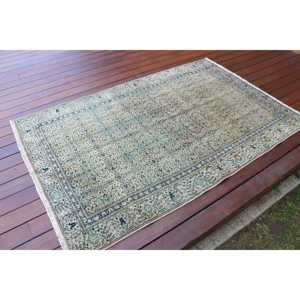 Alfombra Vintage de 3.5x5.5 pies, Alfombra Turca con Detalles, Alfombra Ikat Azul Verde - Product Image 2