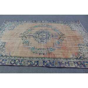 Alfombra Vintage de 5.8x8.8 pies, Alfombra Turca Grande, Alfombra de Lana con Rayas Azules - Product Image 3