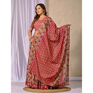 Lehenga Choli Étnico Rojo de Algodón Estampado, Estilo Bollywood, Ropa Étnica India, Salwar Kameez Hecho de Georgette - Product Image 4