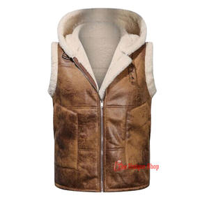 <b>Mens</b> Avi-Ator Real Shearling Bomber Black And Brown Leather Vest Sheep Skin Fur Brown Jackets Winter <b>Waistcoat</b> - Unisex - Product Image 1