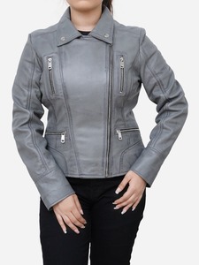 Chaqueta de piel auténtica original para mujer, chaqueta clásica de piel de cordero a la moda, chaqueta de moto de piel de oveja auténtica gris - Product Image 2