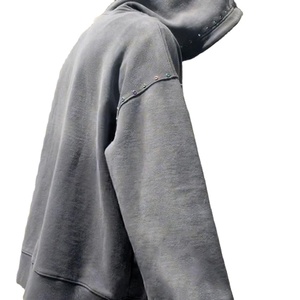 Custom <b>Men's</b> Embroidered Rhinestone Double Zip Hooded Heavyweight High Quality Sun Faded Wash Hoodies 100% Cotton Fleece 300g - Product Image 1