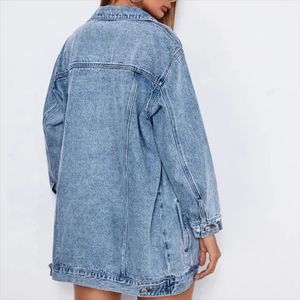 Chaqueta Vaquera de Mezclilla de Algodón Personalizada de Moda al por Mayor para Mujer, Manga Larga, Azul, con Botones, Abrigo Vaquero Lavado Vintage - Product Image 2