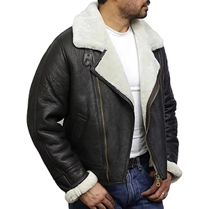 Black Flying Pilot Shearling <b>Leather</b> Bomber <b>Jacket</b> <b>Winter</b> <b>Jacket</b> Shearling Collar Zip Up Outerwear OEM Manufacturer in Pakistan - Product Image 4