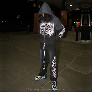 Chándal de estilo callejero Vintage personalizado, 100% algodón a rayas, diseño de cordón desgastado, transpirable, ajuste holgado, lavado Vintage - Product Image 1