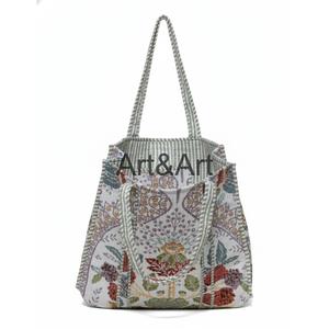 Sac fourre-tout en coton fait main vintage à imprimé floral imprimé à la main avec deux poignées Sac à bandoulière de haute qualité - Product Image 4