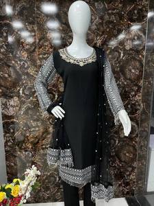 Designer Sequence <b>Black</b> Ethnic Style Kurti With <b>Pant</b> and Dupatta Set, Georgette <b>Work</b> Suit, Fully Stitched Beautiful Dress - Product Image 3