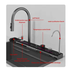 New Design 30 Inch 2 Waterfall Rainfall Faucet Black Bionic Honeycomb 304 Stainless Steel Smart Digital Display Kitchen Sink