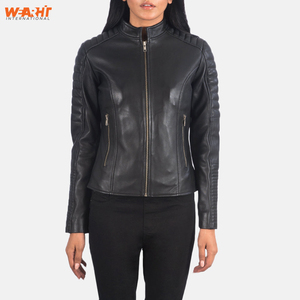 Veste de motard en cuir de vache véritable pour femmes Slim Fit Stand High Front Zipper Stylish Classic Coat Plain Dyed Wearhit - Product Image 1