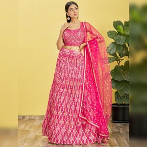 Adorable rose brodé travail Lehenga Choli Dupatta doux Net travail pour fête mariage et travail Chinon tissu - Product Image 1