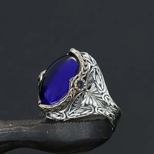 Azuris Custom Logo 925 Sterling Silver Ottoman Style <b>Men's</b> <b>Ring</b> Naturel <b>Black</b> Stone Handmade in Turkey VALKH1529 - Product Image 3