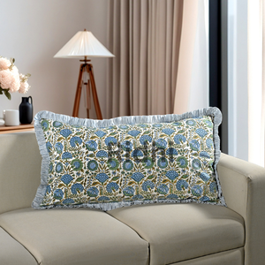 Housse de coussin lombaire 20x36 motif floral asperge vert à volants style western, imprimée à la main, en coton, pour canapé, chaise, chambre d'enfant - Product Image 1