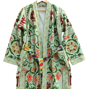 Kimono Bohemio con Bordado Floral, Transpirable, Cuello en V, Manga Larga, Abierto por Delante, con Cinturón, Prenda Exterior Informal de Verano, Hecha a Mano - Product Image 1