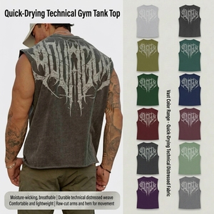 <span class=keywords><strong>Camiseta</strong></span> sin mangas de entrenamiento vintage para <span class=keywords><strong>hombre</strong></span>, con estampado desgastado, estilo gimnasio, corte cropped con borde sin rematar, estilo streetwear. - Product Image 1
