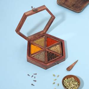PUTTING NATURAL <b>WOODEN</b> Premium Printed Home <b>Wooden</b> Tabletop <b>Spice</b> Box With Separate Compartments for <b>Spices</b> and Dry Fruit - Product Image 4