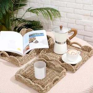 Panier de rangement rustique fait main en jonc de mer avec motif festonné, brun naturel, pour la rentrée scolaire - Product Image 1