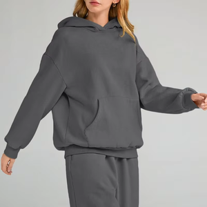 เสื้อมีฮู้ดคอกลมพอดีตัวสำหรับผู้หญิง365ผ้าฟลีซโพลีเอสเตอร์ GSM แขนยาวผ้าคอตตอนผ้าขนแกะสีเทาเข้มใส่ออกกำลังกายแบบลำลองสำหรับฤดูหนาว - Product Image 1