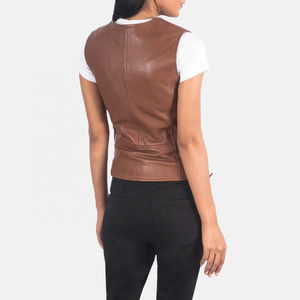 <b>Women's</b> Fashionable Cowhide Leather <b>Waistcoat</b> Sleeveless Motorbike Vest Fur Decoration Breathable Outer Wear - Product Image 2