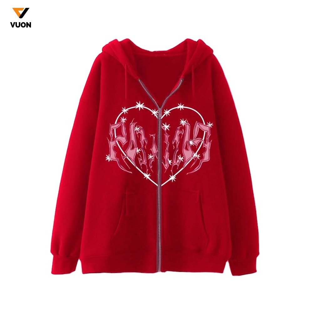 Manufacturer Custom Heavyweight Women's Full Zip Hoodie with Puff Print Logo Distressed Woven Fabric Sweatshirt