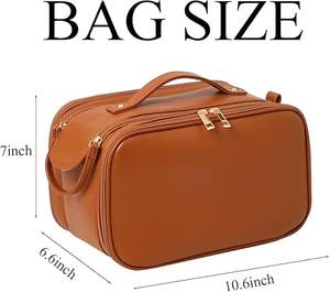 Pochette de maquillage personnalisée élégante en cuir véritable marron pour femmes avec fermeture éclair écologique pour les voyages et la beauté - Product Image 2