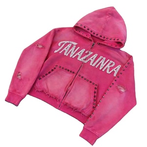 เสื้อฮู้ดซิปแบบครอปทรงบ็อกซี่ ปักลายเพชรสีชมพูฟอกสีซีดแบบย้อนยุค ประดับคริสตัลหรูหรา ผลิตตามสั่ง - Product Image 4