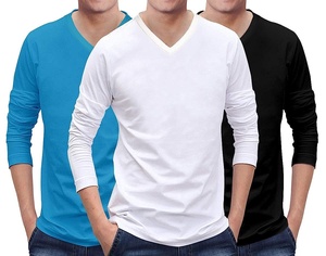 เสื้อยืดคอวีแขนยาวผ้าฝ้าย100% สำหรับผู้ชายป้องกันการยับเป็นมิตรกับสิ่งแวดล้อมดีไซน์ว่างเปล่าพิมพ์ลายผ้าถักย้อมสีสำหรับใช้ในยิม - Product Image 4