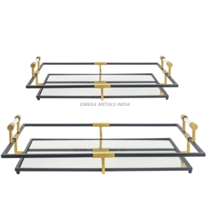 Juego de bandejas de servicio rectangulares marrones rústicas con base de metal galvanizado y asas resistentes para una exhibición encantadora y un uso versátil - Product Image 4