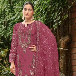 Royal & Timeless Ensemble 4 pièces en organza Shalwar Kameez Broderie lourde Khatli Detailing Patchwork Bottom Dupatta pour les fêtes - Product Image 1