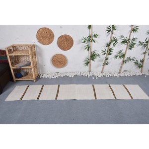 Alfombra turca Vintage moderna de 1,7x8,8 pies, diseño clásico a rayas blancas y negras para dormitorio, retazos rectangulares de látex de lana de 10mm - Product Image 1