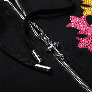 High Quality Men <b>Black</b> French Terry Cotton <b>Zip</b> Up <b>Hoodie</b> Custom Rhinestone Design Sweatshirt - Product Image 6