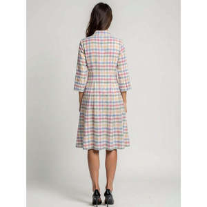 Vestido Midi Casual de Algodón y Lino con Manga Abullonada y Cintura Baja, Diseño a Cuadros Multicolor, con Recortes Modernos, Transpirable, para Mujer, Talla XS, Primavera - Product Image 4