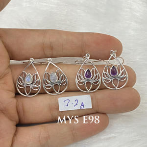 Pendientes de Plata de Ley con Piedras Preciosas de Plataforma en Forma de Pera con Diseño de Loto, con Piedras Preciosas de Plata de Ley, Regalo para Ella - Product Image 1