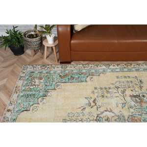 Turkish 5.7x9.9 ft Rug, Vintage Rug, <b>Yellow</b> Check Rug <b>Wool</b> - Product Image 3