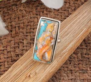 แหวนแต่งงานสไตล์โบฮีเมียนทำจากเงินสเตอร์ลิงประดับด้วยหอยมุกหนามธรรมชาติและเทอร์ควอยซ์สีทองแดง-สำหรับทั้งชายและหญิง - Product Image 1