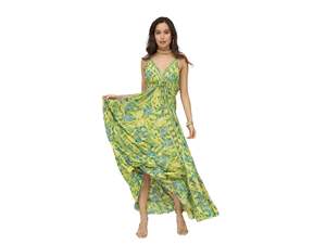 Robe d'été en soie sans manches A-Line col en V motif imprimé vintage lavable durable tissé longueur au sol taille haute naturelle - Product Image 5