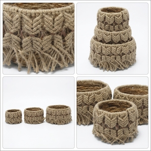 Natural Banana Bark Storage <b>Basket</b> Set Macrame Chevron Fringe Cylinder Shallow Pot Planter Boho Setup Room Decor Pure Art Craft - Product Image 3