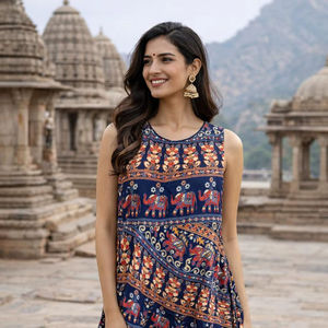 Robe ample en coton imprimé Naptol à taille naturelle pour femmes, robe décontractée écologique à imprimé Naptol long - Product Image 1