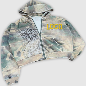 Parche de algodón personalizado bordado desgastado Vintage de gran tamaño Sun Faded Acid Wash Camo Zip up Hoodie - Product Image 1