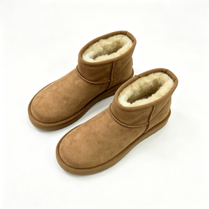 Bottines d'hiver marron en faux daim doublées de fourrure pour femme, à enfiler, bout rond, semelle plate, bottines de neige marron unies à bout rond et fourrure - Product Image 1