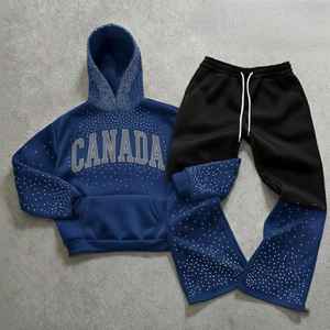 Conjunto de Sudadera con Capucha y Pantalones Acampanados de 450GSM con Lavado Ácido y Diseño de Logotipo con Pedrería para Mujer, Venta al por Mayor - Product Image 4