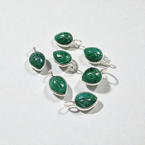 Dyed Emerald 8x10mm Leaf Carved <b>Charm</b> 925 Silver - Carving Gemstone <b>Pendant</b> - Artisan Hand-Carved May Birthstone <b>Charm</b> - Product Image 1